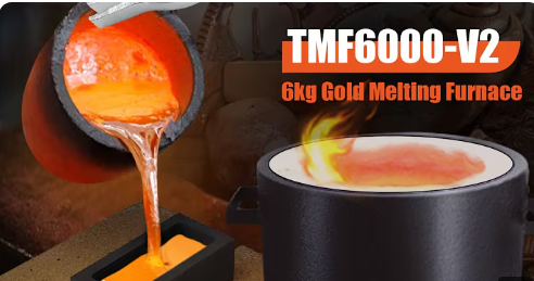 TMF6000-V2 6 kg gold melting furnace graphic with molten metal pouring into an ingot mold