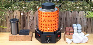 ToAuto electric melting furnace with crucible, molds, and metal ingots arranged on an outdoor workbench