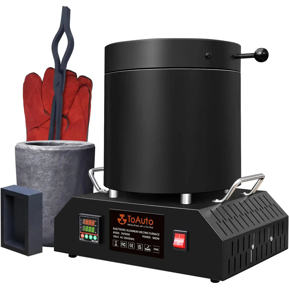 Black metal melting pot with digital display, gloves, tongs, and block on a white background