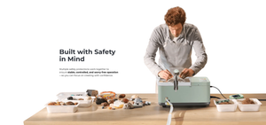 Person safely operating intelligent cutting machine on worktable, safe precise cutting with safety protection design
