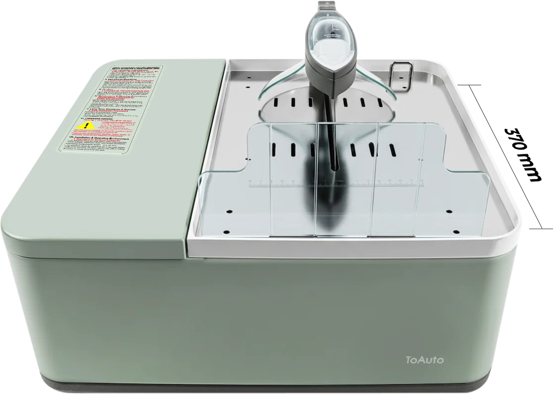 White background studio photo of ToAuto intelligent cutting machine, marked with 370mm working width dimension, precision cutter size specification display