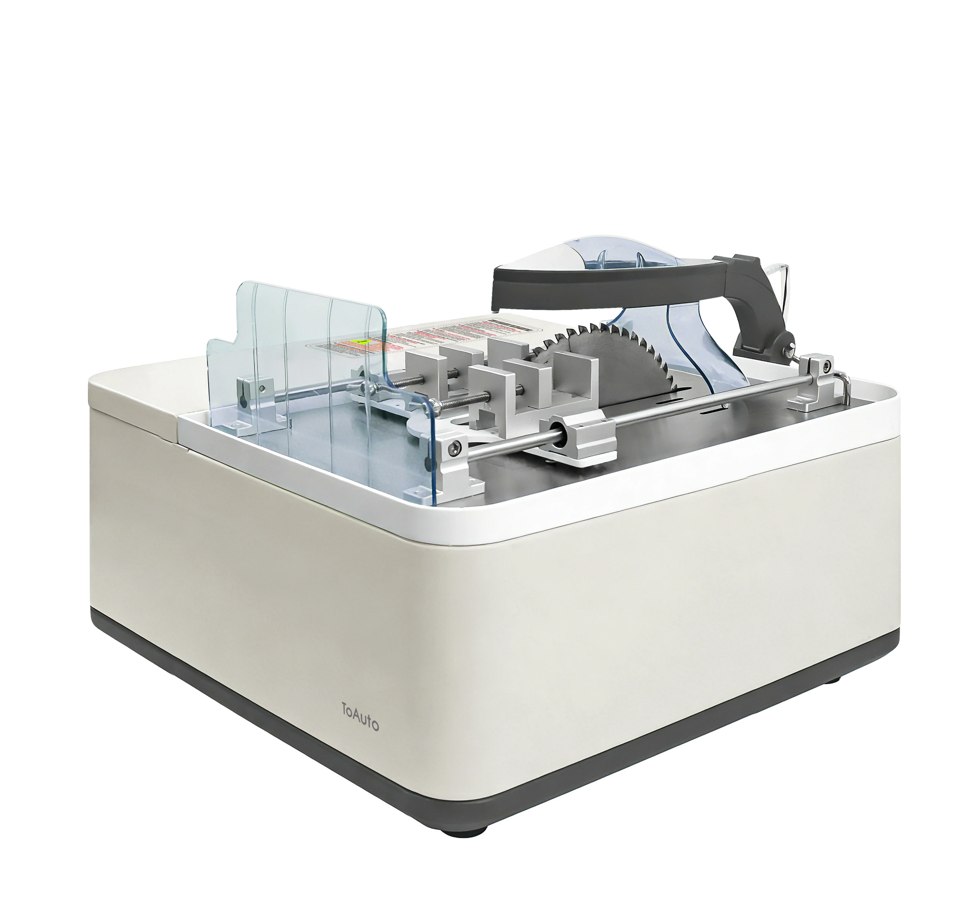 ToAuto desktop smart metal cutting machine on plain white background, compact industrial precision cutter for jewelry metal craft, 0.1mm accuracy digital control metal saw.